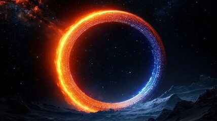 Astronomy planets theories concept. A vibrant cosmic ring glows with orange and blue hues against a dark starry background, evoking a sense of wonder and mystery.