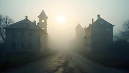 A serene depiction of fog in a city featuring historic buildings and architectural wonders with misty mornings and serene atmospheres.