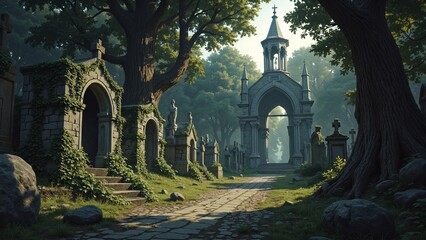 Obraz premium Illustration of an ancient abandoned medieval cemetery