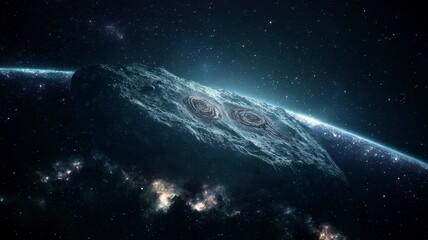 Obraz premium Astronomy planets theories concept. A stunning view of a mysterious celestial body floating in space, illuminated by a distant star, surrounded by a galaxy of twinkling stars.