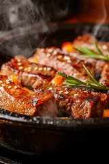 Sizzling steak pieces are cooked with herbs in a dark pan, a gourmet meal