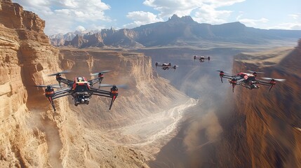 A high-altitude racing drone competition, drones soaring through a canyon, flying at breakneck speeds