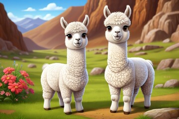 Fototapeta premium there are two llamas standing in a field with mountains in the background