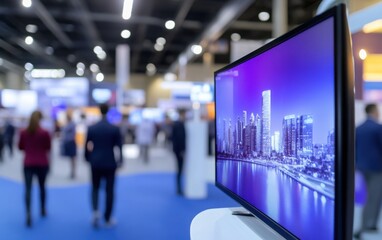 Smart TV at Exhibition Stand with Cityscape View: A close-up shot of a smart TV placed at an exhibition stand, showcasing a digital technology concept for e-commerce and advertising.