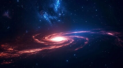 Obraz premium Astronomy planets theories concept. A mesmerizing galaxy spirals in a dark cosmic space, showcasing vibrant colors and swirling stars against a backdrop of deep blue and black.