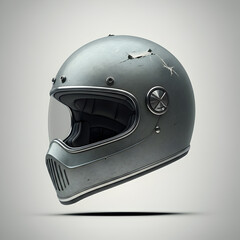 Fototapeta premium Weathered gray motorcycle helmet with open visor, suspended against white backdrop, symbolizing rider protection, freedom, and dynamic lifestyle