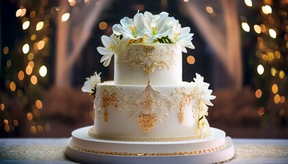 Fototapeta premium White wedding cake with flowers luxury beautiful modern decorations for bride, love