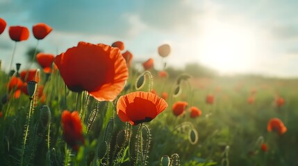 Fototapeta premium Vibrant Poppy Field Under a Sunny Sky