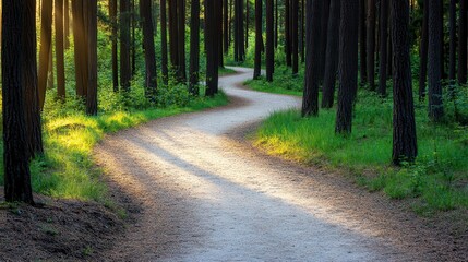 Fototapeta premium A winding path through a sunlit forest, surrounded by tall trees and lush greenery, invites exploration and tranquility.