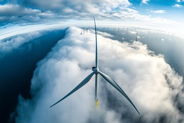 Offshore wind turbine farm, aerial view, clouds, energy