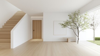 Modern minimalist hallway, wooden stairs, empty room, garden view, interior design, home,  interior