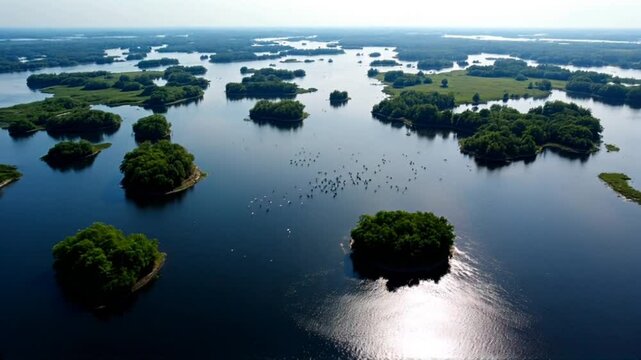 Scenic aerial view of floating green islands in vast blue lake. Natural wonder.