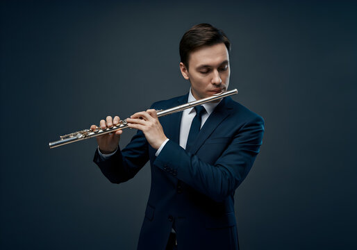 Professional musician performing classical music, wearing formal attire, playing transverse flute with expertise against dark blue backdrop