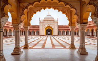 A stunning view of an intricately designed courtyard with arches, leading to a grand central structure, showcasing beautiful architectural elements.
