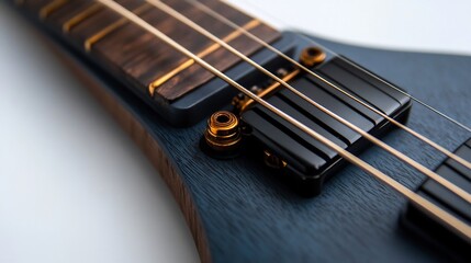Fototapeta premium Close-up of a Sleek, Dark Blue Electric Bass Guitar with Gold Hardware