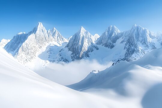 Snowy mountain range winter landscape, clear sky, panoramic view, travel poster