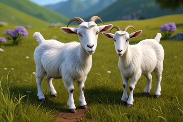 Obraz premium goats standing in a field of grass with mountains in the background