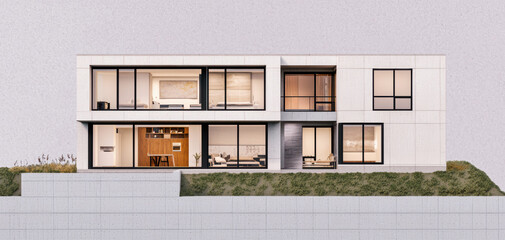 A modern two-story home featuring large windows, a minimalist design, and a landscaped area, showcasing contemporary architecture.