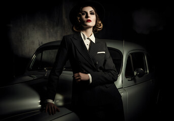Vintage dressed female gangster in pinstripe suit, leaning confidently against classic car within shadowy garage, exuding criminal sophistication