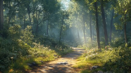 Fototapeta premium A tranquil forest trail with dappled sunlight filtering through the trees and a soft summer breeze 