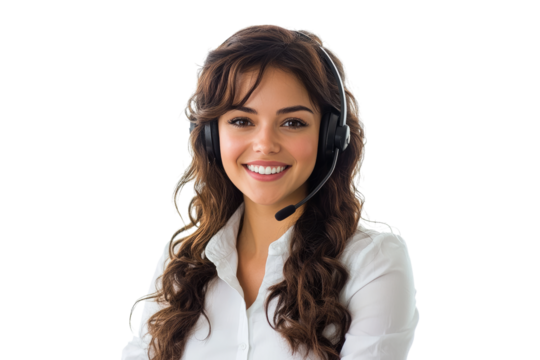 Smiling female customer service representative wearing headset isolated on white or transparent, PNG
