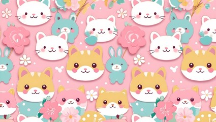 Obraz premium Charming Cartoon Cats and Rabbits Seamless Pattern, Featuring Adorable Pastel Animals and Flowers on a Soft Pink Backdrop, Perfect for Kids Apparel or Cheerful Nursery Decoration Projects