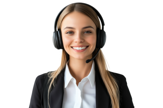 Smiling female customer service representative wearing headset isolated on white or transparent, PNG