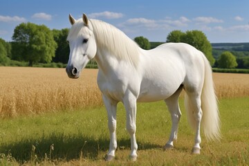 Obraz premium there is a white horse standing in a field of grass