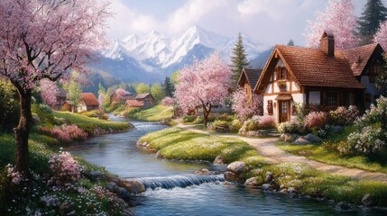 A peaceful village scene with a river flowing through, surrounded by blooming trees and green fields 