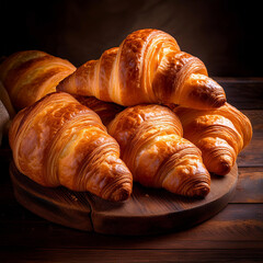 fresh croissants arranged on a rustic wooden table