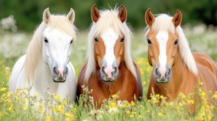 Obraz premium Three horses in a meadow, summer pasture, wildflowers background, idyllic farm scene