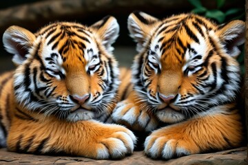 Obraz premium two tigers laying down on a rock with their paws on each other