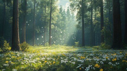 Obraz premium A peaceful spring forest with a carpet of wildflowers, tall trees, and sunlight filtering through the leaves
