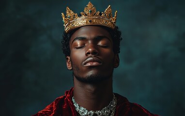 A regal portrait of a young man wearing a golden crown and elaborate jewelry, exuding confidence and a sense of majesty.
