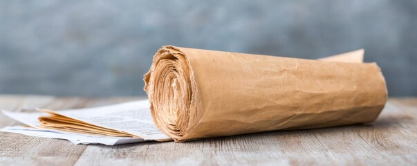 A rolled-up piece of brown paper rests on a wooden surface, accompanied by a folded newspaper, set against a textured gray background.