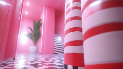 Obraz premium Pink hallway with red and white striped columns and checkered floor