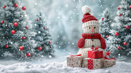 Obraz premium Knitted Snowman with Christmas Gifts in a Snowy Forest..