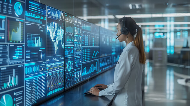 Female Analyst Monitoring Global Data on Digital Screens..
