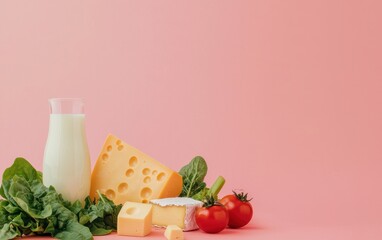 A colorful arrangement of fresh vegetables, cheese, and milk on a pink backdrop, showcasing healthy food choices.