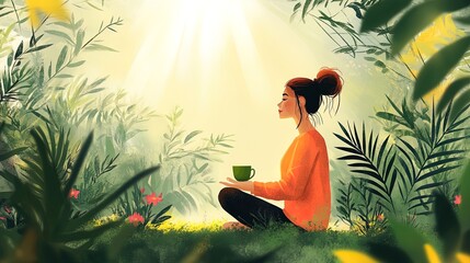A woman practicing mindfulness with a cup of green tea, sitting in a zen garden surrounded by nature