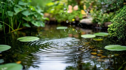 Naklejka premium Water Droplets Falling Into Calm Pond Surrounded by Greenery