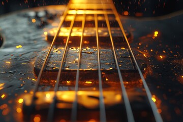 Fiery bass guitar neck close-up; sparks fly