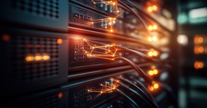 Illuminated server racks show intricate connections. Wires glow with data transfer. The scene represents digital infrastructure. - Powered by Adobe
