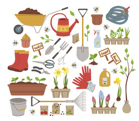 Concept of love for gardening. Collection of gardening items. Different garden tools and seedlings. Vector illustrations isolated on white background