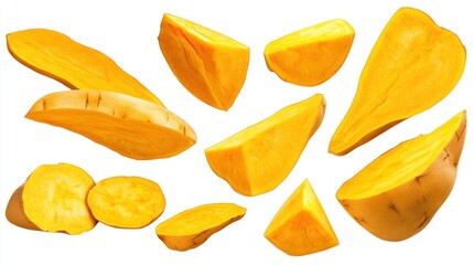 Assorted Fresh Slices of Yellow Sweet Potato Isolated on a White Background