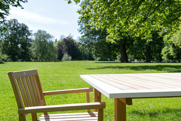 Fototapeta premium serene outdoor meeting setup with wooden table and chair in lush green park
