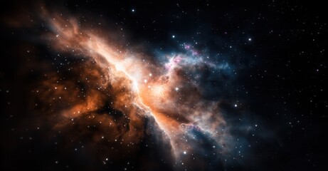 Vibrant cosmic clouds ablaze with starlight, a captivating celestial dance in the vast expanse of space, against a background of stars.