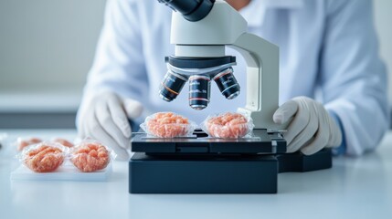 A scientist examines samples under a microscope, showcasing research and analysis in a laboratory setting.
