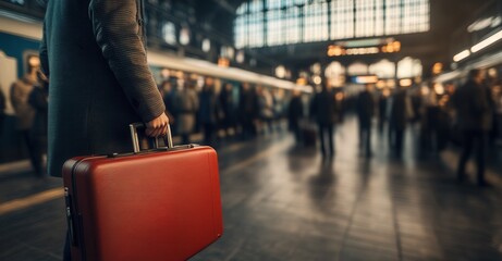 Obraz premium Traveler with suitcase at a busy train station, ready for departure. The journey begins with anticipation and excitement.