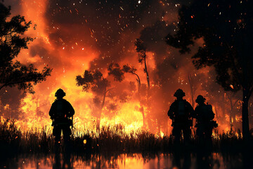 Illustration of Wildfire Forest Firefighters  Night Danger Heat Flame Smoke Embers Ash